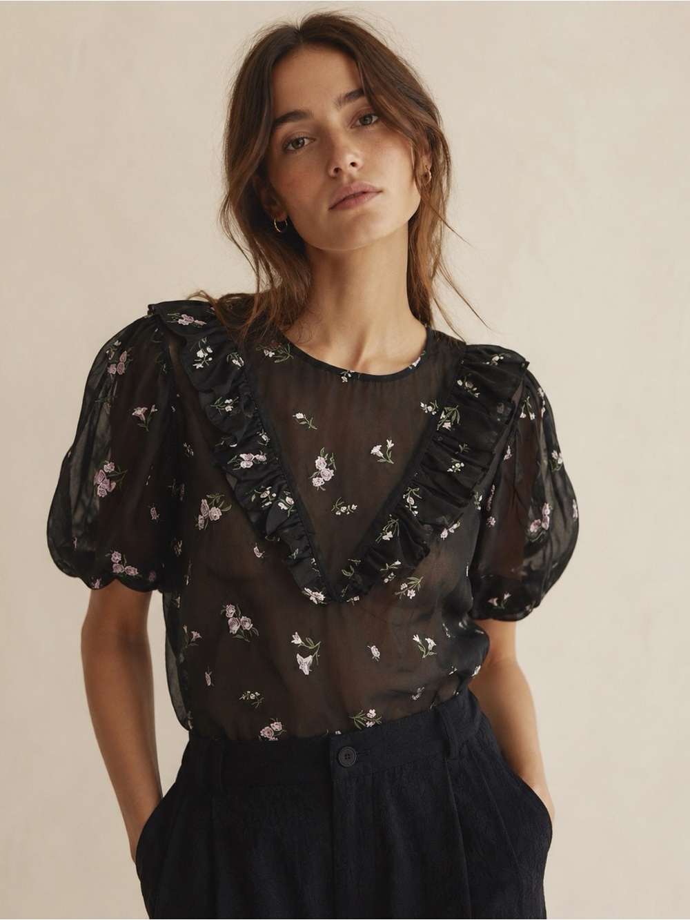 Zara Woman Black Sheer Embroidery Floral Ruffle Puff Sleeve Top SMALL Whimsigoth